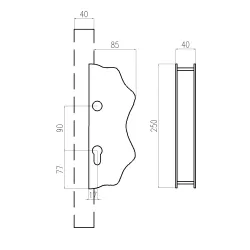 Kazetová zostava pre bránku 250x95x40mm, otvor pre kľučku ø 19,5mm, na profil 40x40mm, hladká, pre zámok ZM90/80 Kazetová zostava pre bránku 250x95x40mm, otvor pre kľučku ø 19,5mm, na profil 40x40mm, hladká, pre zámok ZM90/80